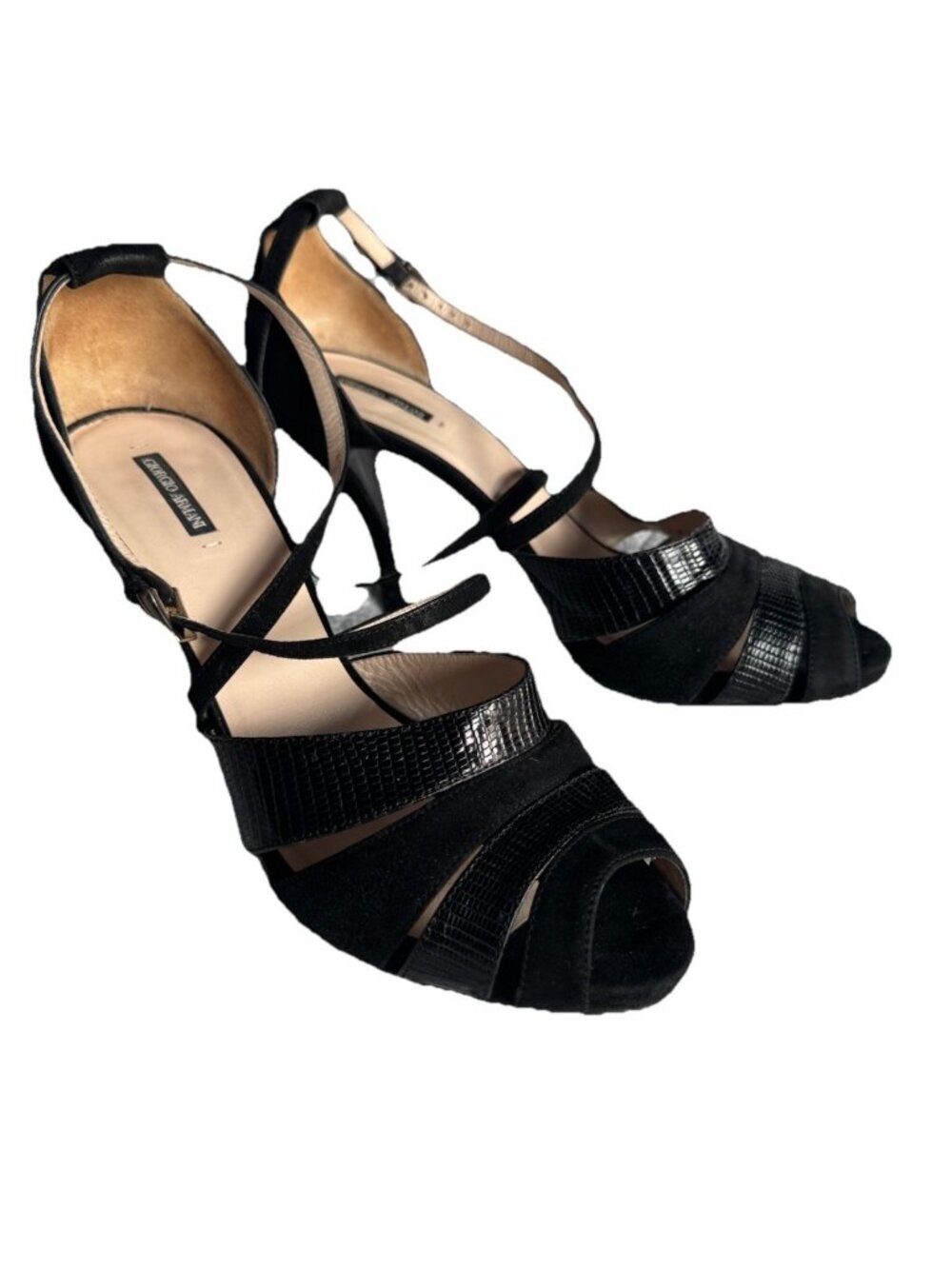 Giorgio Armani Women's Sz 38.5 US 8 Black Suede Embossed Leather Strappy Heels